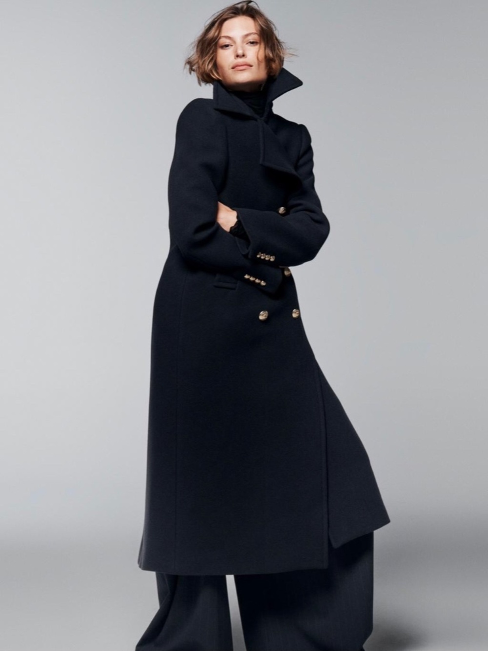 Zara Wool Coat Double Breasted Embossed Metal Buttons Dark Navy Lapel Collar